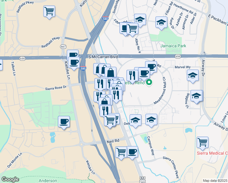 map of restaurants, bars, coffee shops, grocery stores, and more near 5865 South Virginia Street in Reno