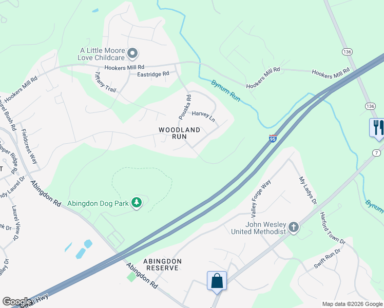 map of restaurants, bars, coffee shops, grocery stores, and more near 3303 Pouska Road in Abingdon