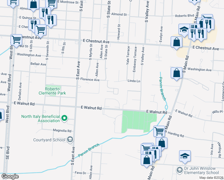 map of restaurants, bars, coffee shops, grocery stores, and more near 1027 Florence Avenue in Vineland