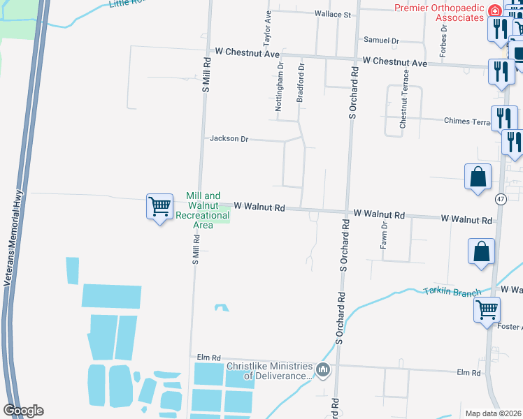 map of restaurants, bars, coffee shops, grocery stores, and more near 1691 West Walnut Road in Vineland
