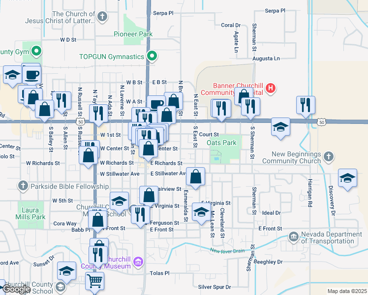 map of restaurants, bars, coffee shops, grocery stores, and more near 260 South Broadway Street in Fallon