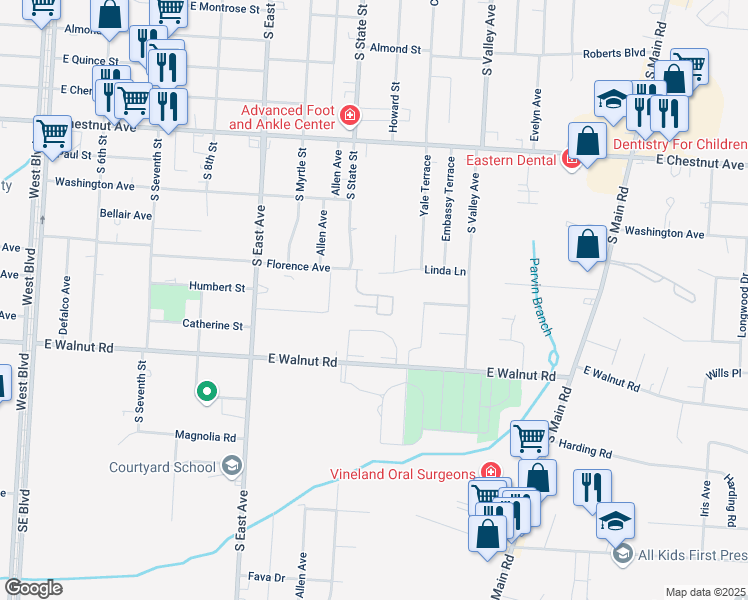 map of restaurants, bars, coffee shops, grocery stores, and more near 1027 Florence Avenue in Vineland
