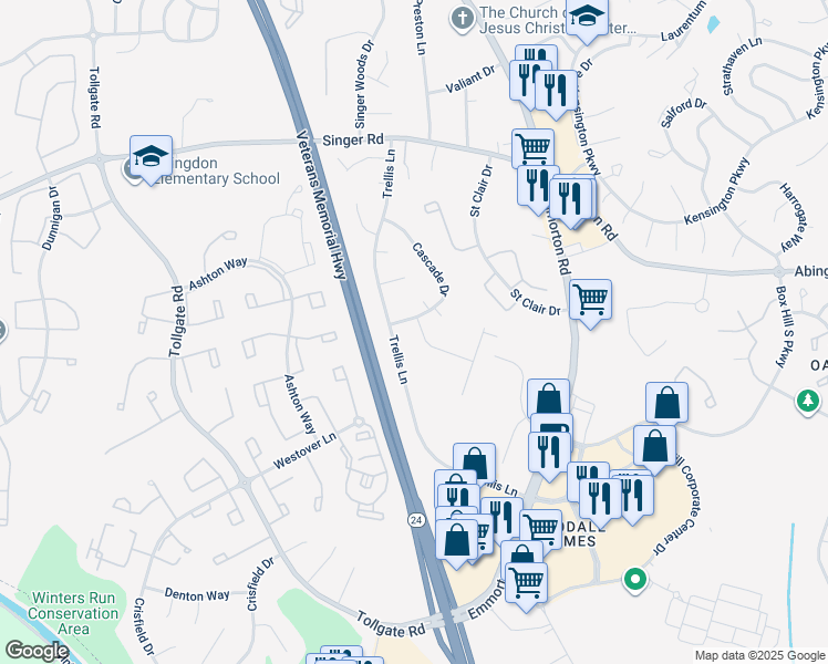 map of restaurants, bars, coffee shops, grocery stores, and more near 3202 Lanham Drive in Abingdon