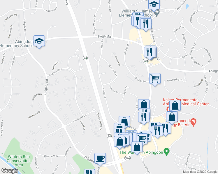 map of restaurants, bars, coffee shops, grocery stores, and more near 3202 Lanham Drive in Abingdon