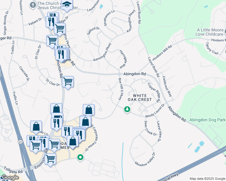 map of restaurants, bars, coffee shops, grocery stores, and more near 305 Forsythia Drive in Abingdon