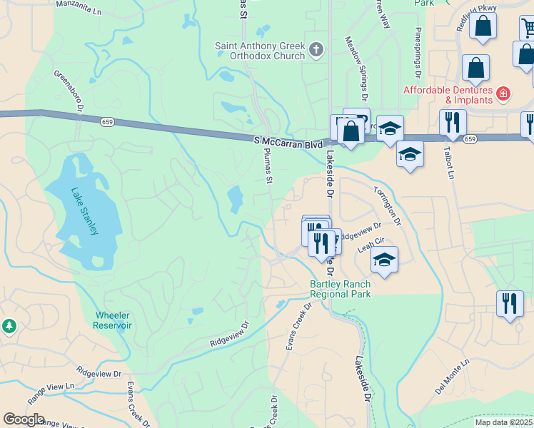 map of restaurants, bars, coffee shops, grocery stores, and more near 6155 Plumas Street in Reno