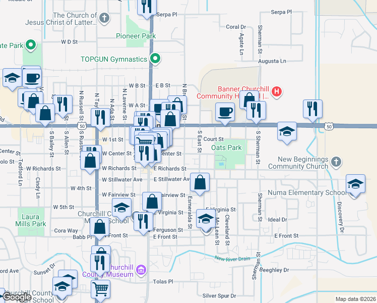 map of restaurants, bars, coffee shops, grocery stores, and more near 250 South East Street in Fallon