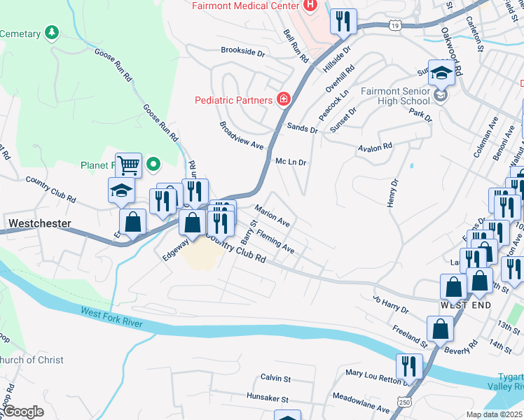 map of restaurants, bars, coffee shops, grocery stores, and more near 1198 Marion Ave in Fairmont