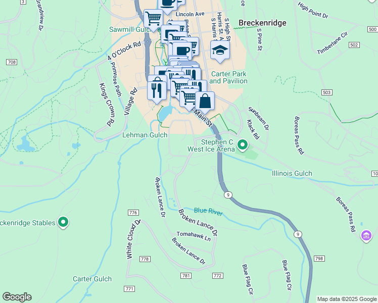 map of restaurants, bars, coffee shops, grocery stores, and more near 113 Village Point Drive in Breckenridge
