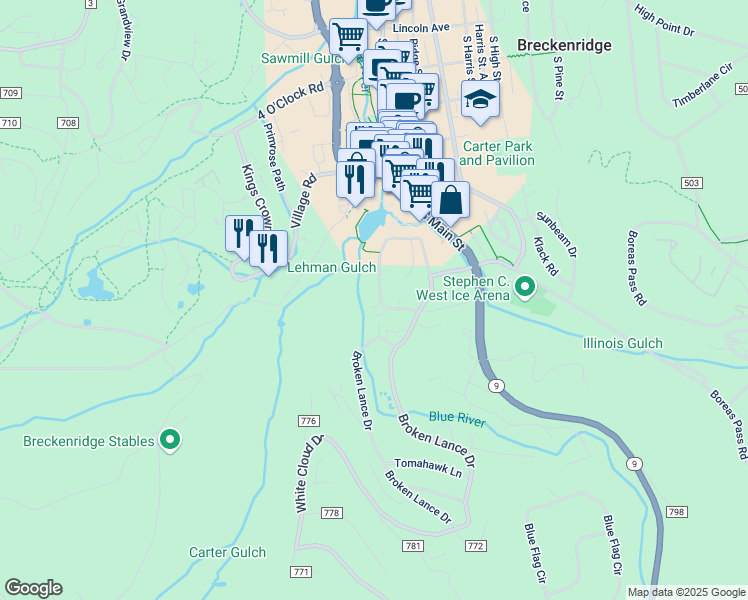 map of restaurants, bars, coffee shops, grocery stores, and more near 905 Columbine Road in Breckenridge