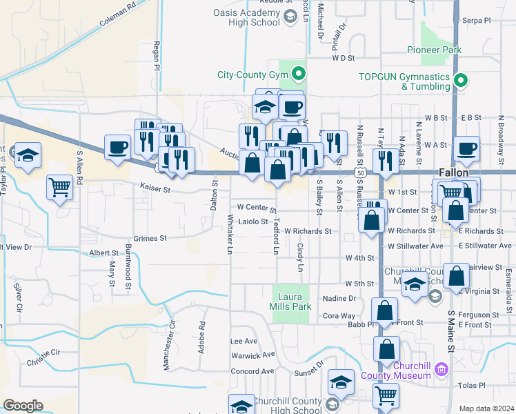 map of restaurants, bars, coffee shops, grocery stores, and more near 981 Laiolo Street in Fallon