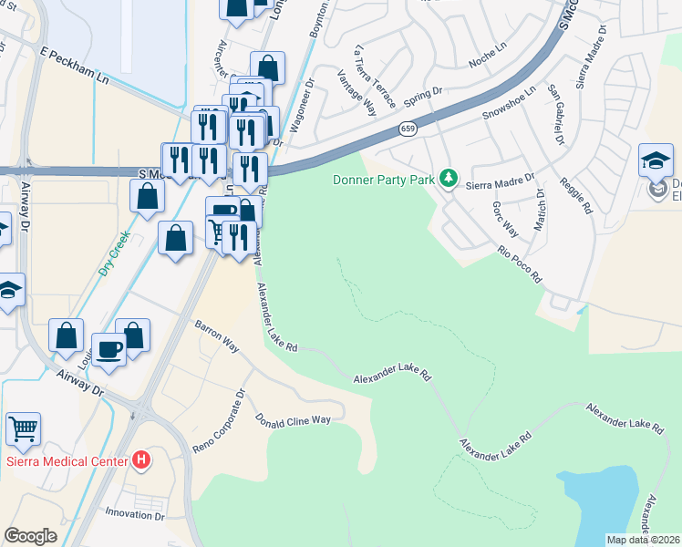 map of restaurants, bars, coffee shops, grocery stores, and more near 4400 Alexander Lake Road in Reno
