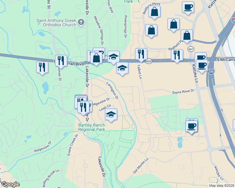 map of restaurants, bars, coffee shops, grocery stores, and more near 6124 Torrington Drive in Reno