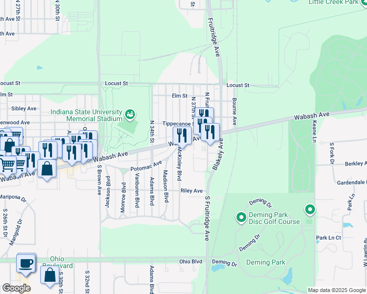 map of restaurants, bars, coffee shops, grocery stores, and more near 117 Aikman Place in Terre Haute