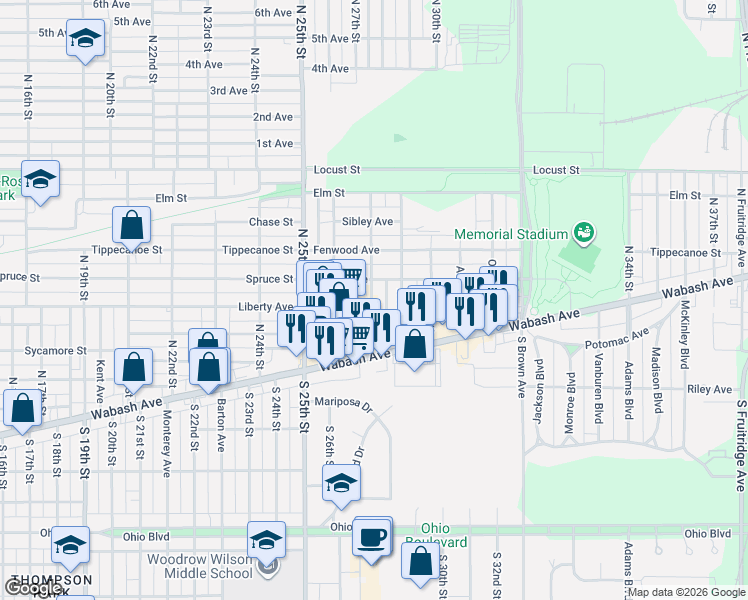 map of restaurants, bars, coffee shops, grocery stores, and more near 2720 Wabash Avenue in Terre Haute