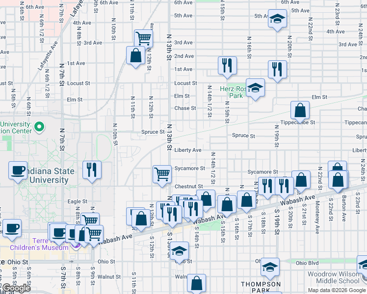 map of restaurants, bars, coffee shops, grocery stores, and more near in Terre Haute