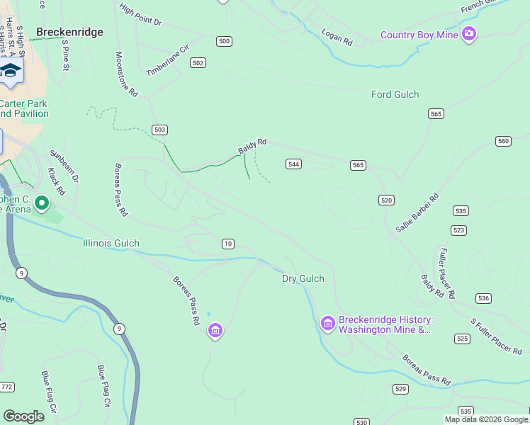 map of restaurants, bars, coffee shops, grocery stores, and more near Boreas Pass Road in Breckenridge