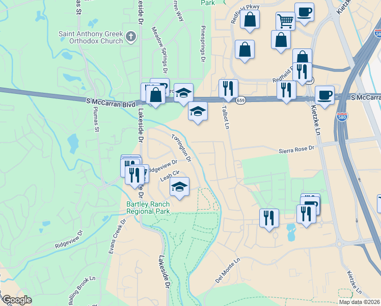 map of restaurants, bars, coffee shops, grocery stores, and more near 6124 Torrington Drive in Reno
