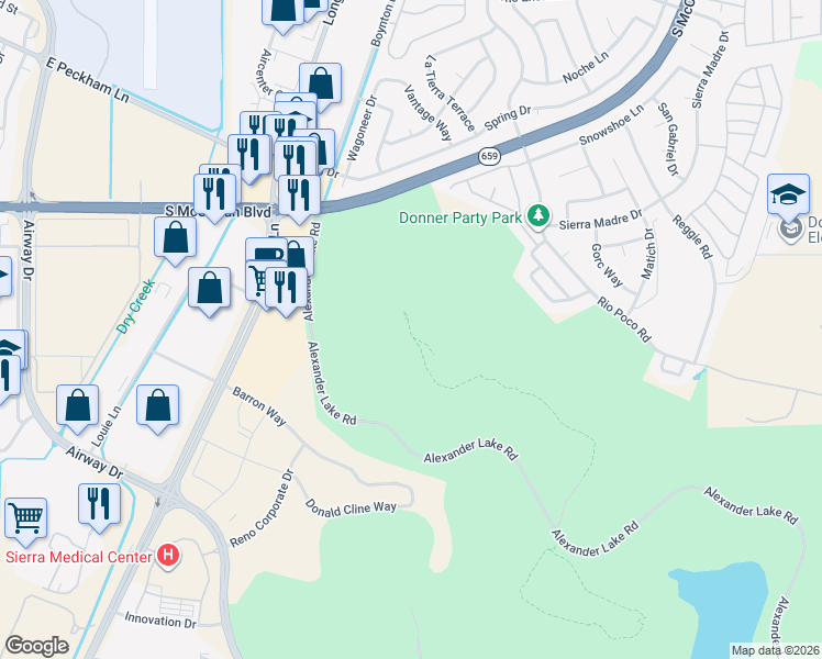 map of restaurants, bars, coffee shops, grocery stores, and more near 4400 Alexander Lake Road in Reno