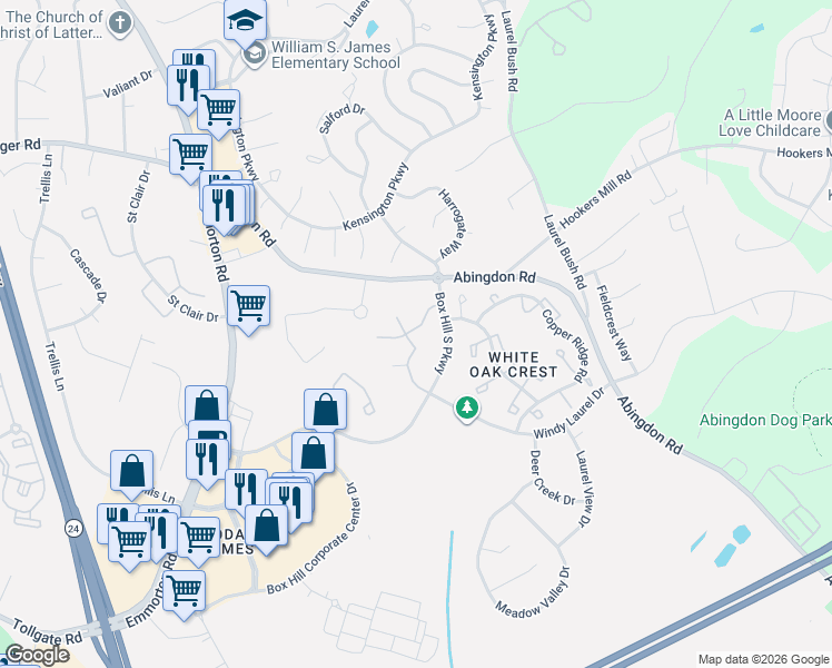 map of restaurants, bars, coffee shops, grocery stores, and more near 3101 White Oak Drive in Abingdon