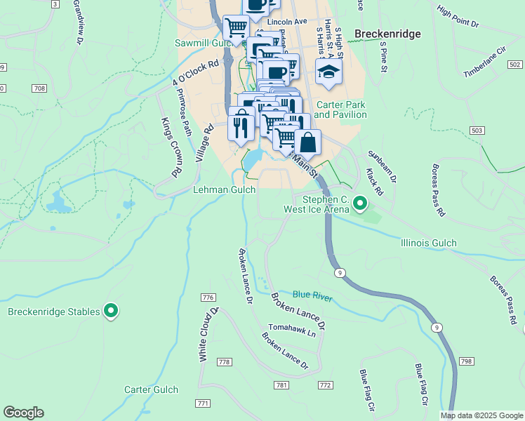 map of restaurants, bars, coffee shops, grocery stores, and more near 800 Snowberry Lane in Breckenridge