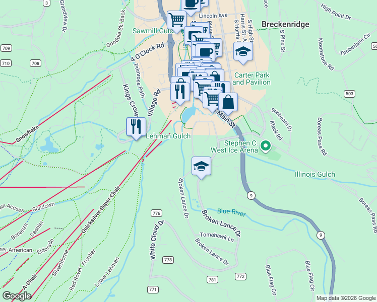 map of restaurants, bars, coffee shops, grocery stores, and more near 765 Columbine Road in Breckenridge