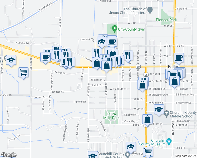 map of restaurants, bars, coffee shops, grocery stores, and more near 997 West Williams Avenue in Fallon