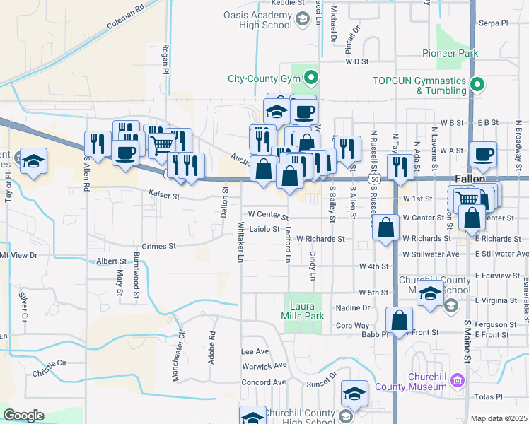 map of restaurants, bars, coffee shops, grocery stores, and more near 997 West Williams Avenue in Fallon