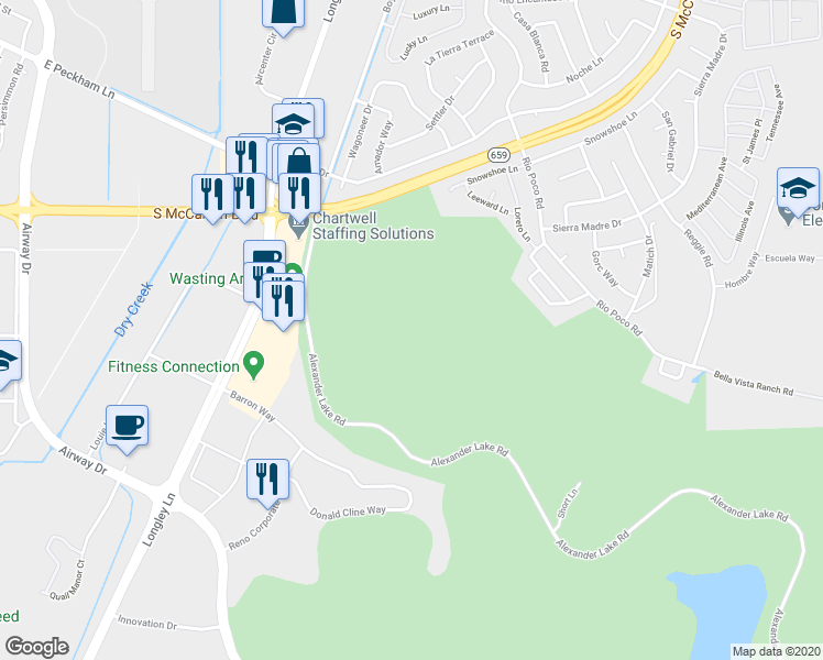 map of restaurants, bars, coffee shops, grocery stores, and more near 4400 Alexander Lake Road in Reno