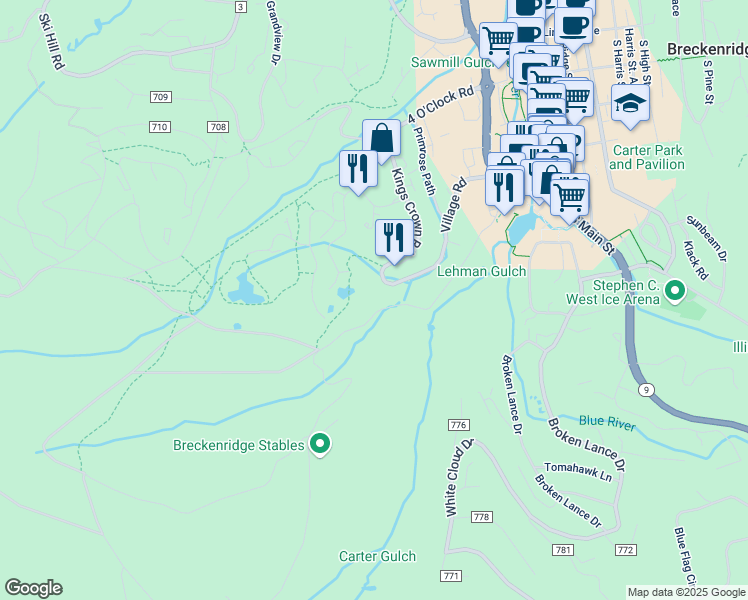map of restaurants, bars, coffee shops, grocery stores, and more near 620 Village Road in Breckenridge