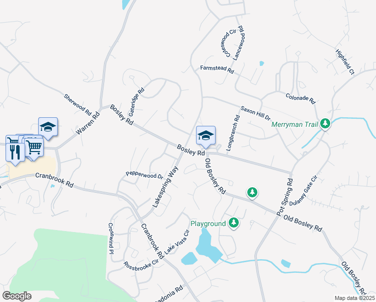 map of restaurants, bars, coffee shops, grocery stores, and more near 742 Bosley Road in Cockeysville