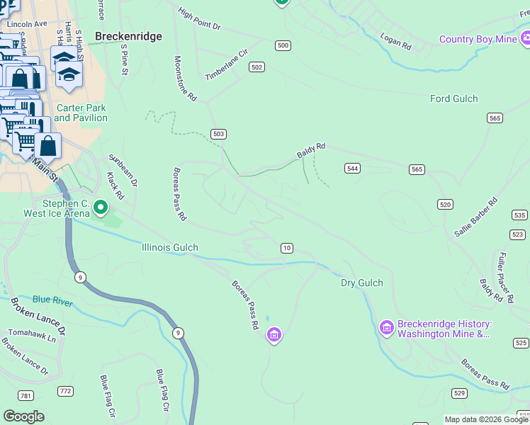 map of restaurants, bars, coffee shops, grocery stores, and more near 1942 Boreas Pass Road in Breckenridge