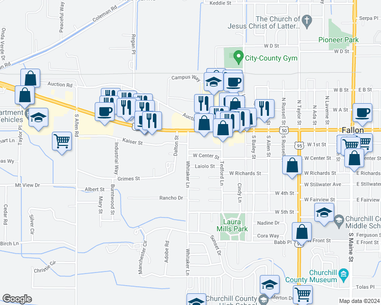map of restaurants, bars, coffee shops, grocery stores, and more near 69 Whitaker Lane in Fallon