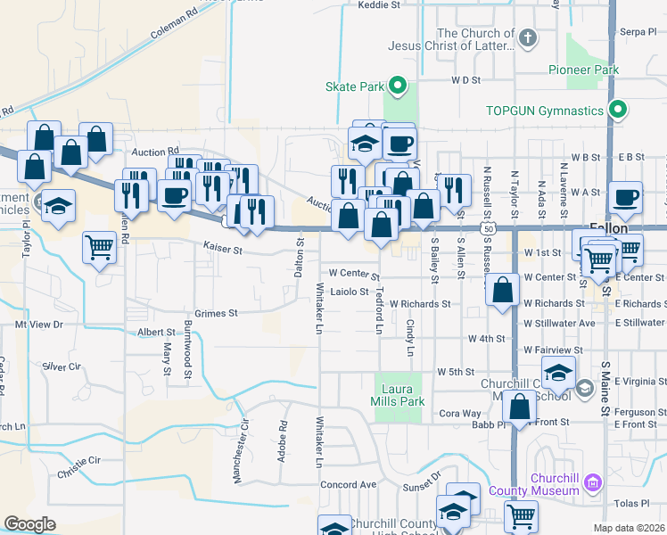 map of restaurants, bars, coffee shops, grocery stores, and more near 69 Whitaker Lane in Fallon