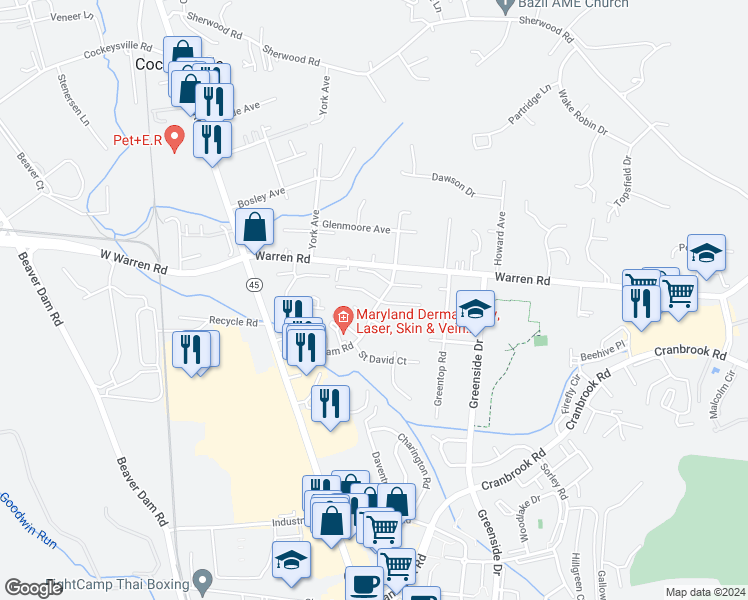 map of restaurants, bars, coffee shops, grocery stores, and more near 11 Spring Glen Court in Cockeysville