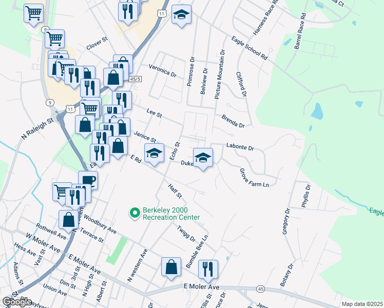map of restaurants, bars, coffee shops, grocery stores, and more near 1100 Myna Court in Martinsburg