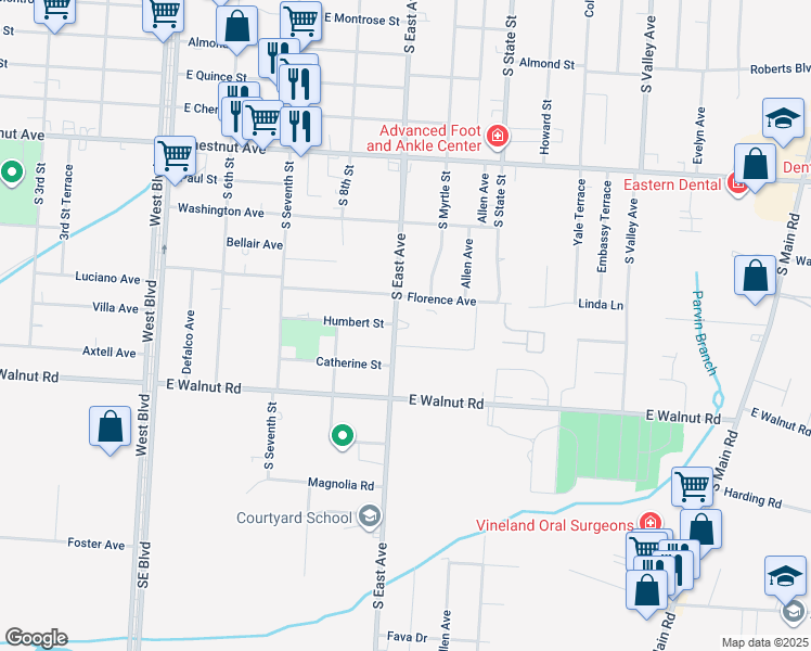 map of restaurants, bars, coffee shops, grocery stores, and more near 775 South East Avenue in Vineland