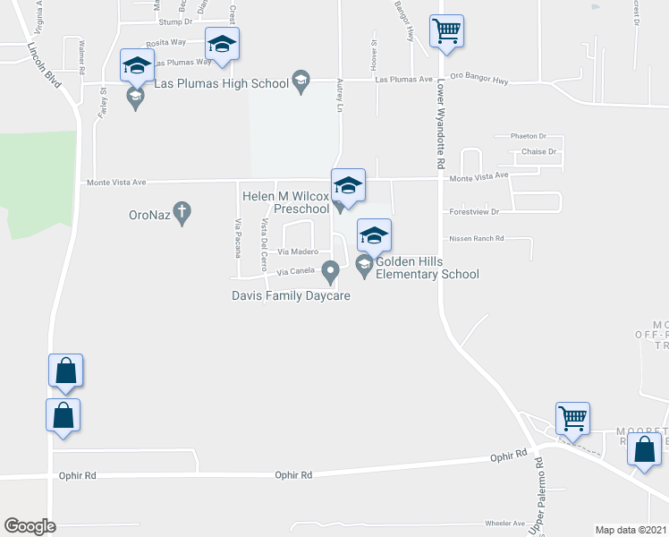 map of restaurants, bars, coffee shops, grocery stores, and more near 2400 Vía Canela in Oroville