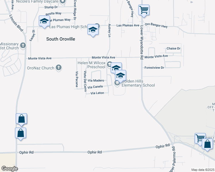 map of restaurants, bars, coffee shops, grocery stores, and more near 2400 Vía Canela in Oroville