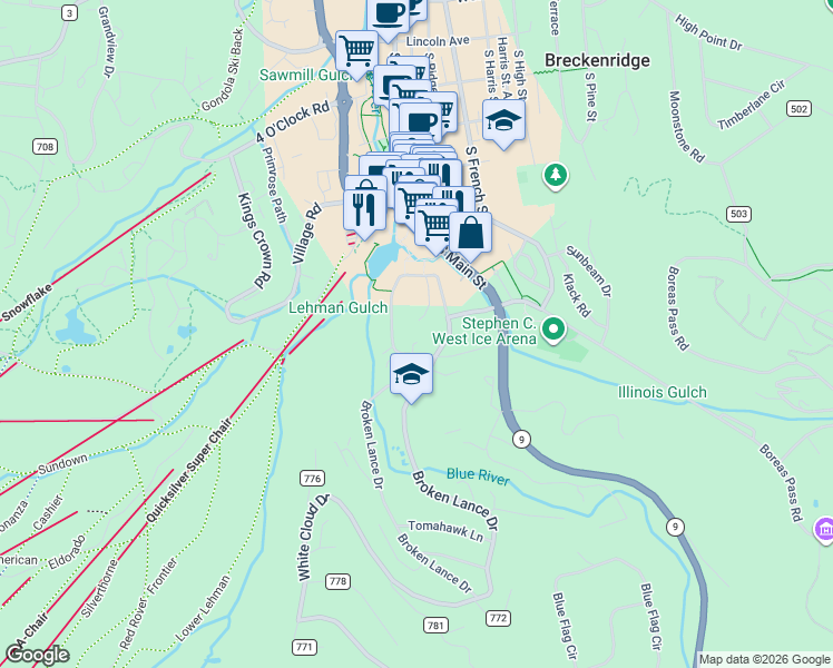 map of restaurants, bars, coffee shops, grocery stores, and more near 800 Snowberry Lane in Breckenridge