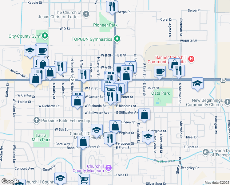 map of restaurants, bars, coffee shops, grocery stores, and more near 100 South Maine Street in Fallon