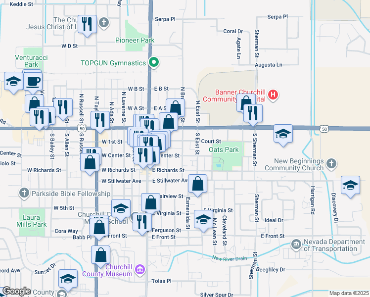 map of restaurants, bars, coffee shops, grocery stores, and more near 120 South Broadway Street in Fallon