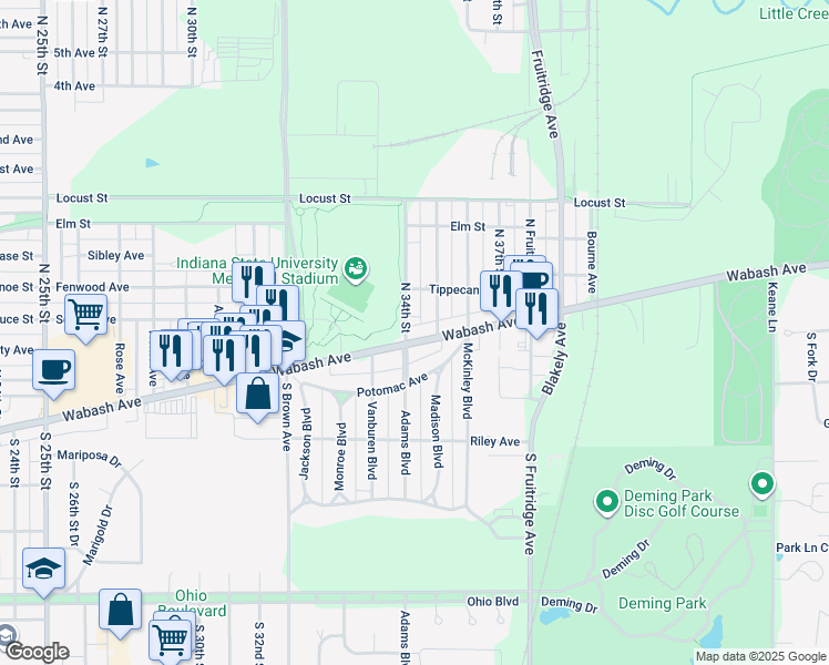 map of restaurants, bars, coffee shops, grocery stores, and more near 19 North 34th Street in Terre Haute