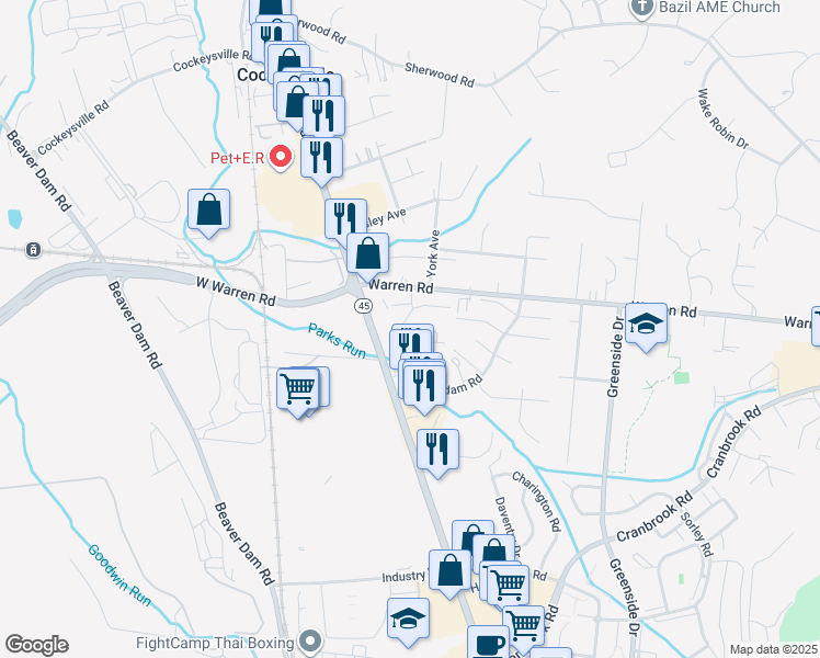 map of restaurants, bars, coffee shops, grocery stores, and more near 9 Warren Lodge Court in Cockeysville