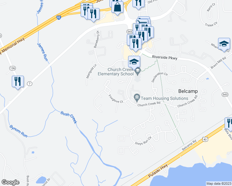 map of restaurants, bars, coffee shops, grocery stores, and more near 1336 Foxglove Square in Belcamp