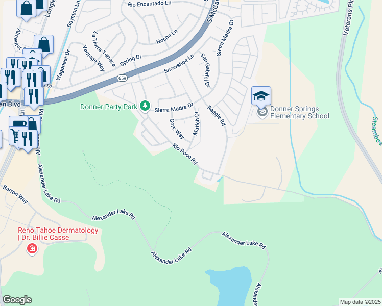 map of restaurants, bars, coffee shops, grocery stores, and more near 4540 Rio Poco Road in Reno