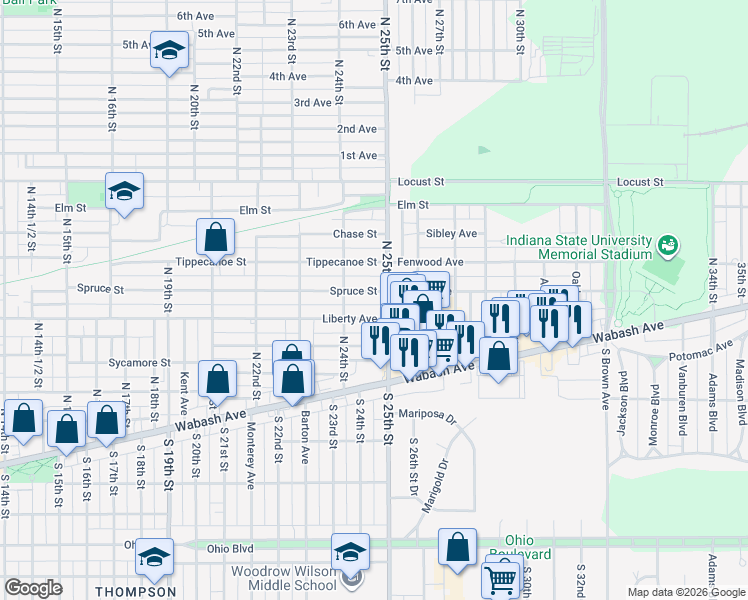 map of restaurants, bars, coffee shops, grocery stores, and more near 2436 Spruce Street in Terre Haute
