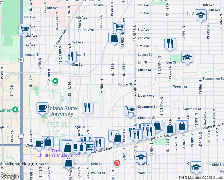map of restaurants, bars, coffee shops, grocery stores, and more near 1101 Spruce Street in Terre Haute