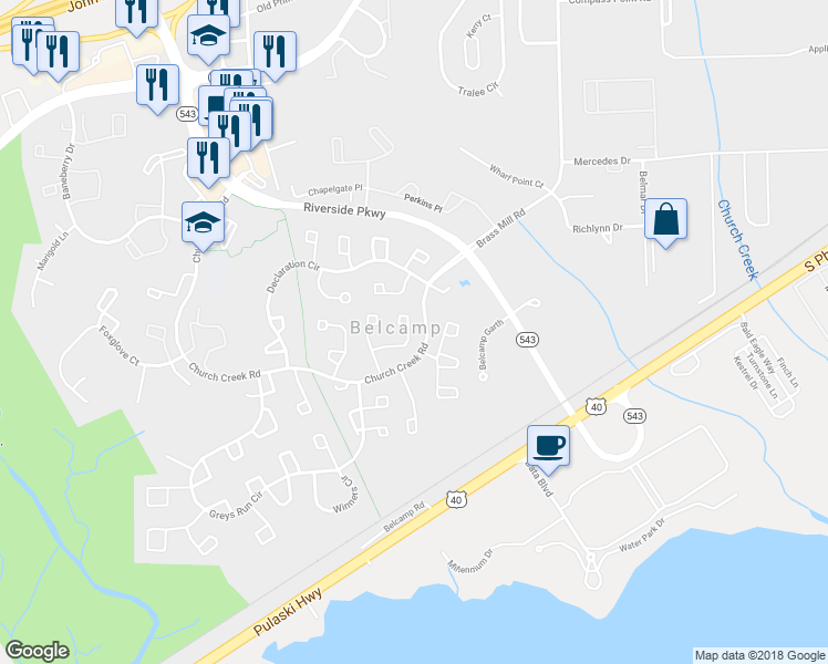 map of restaurants, bars, coffee shops, grocery stores, and more near 1269 Collier Lane in Belcamp