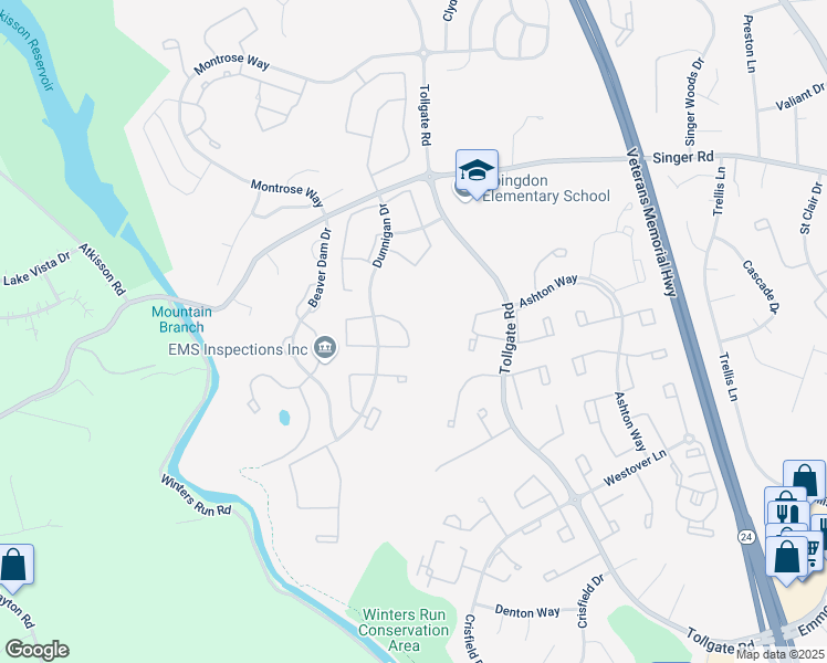 map of restaurants, bars, coffee shops, grocery stores, and more near 2129 Haven Oak Court in Abingdon